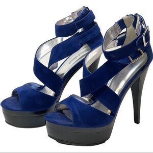MichaelAntonio Blue Suede Strappy Criss Cross Ankle Zip Platform Stilettos Sz 8 